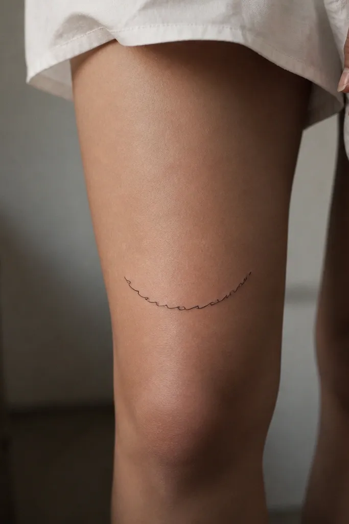 A small single word tattoo curved like an upside-down smile, spanning the front of the thigh above the knee. Thin black script letters with consistent stroke thickness, no decorative dots.