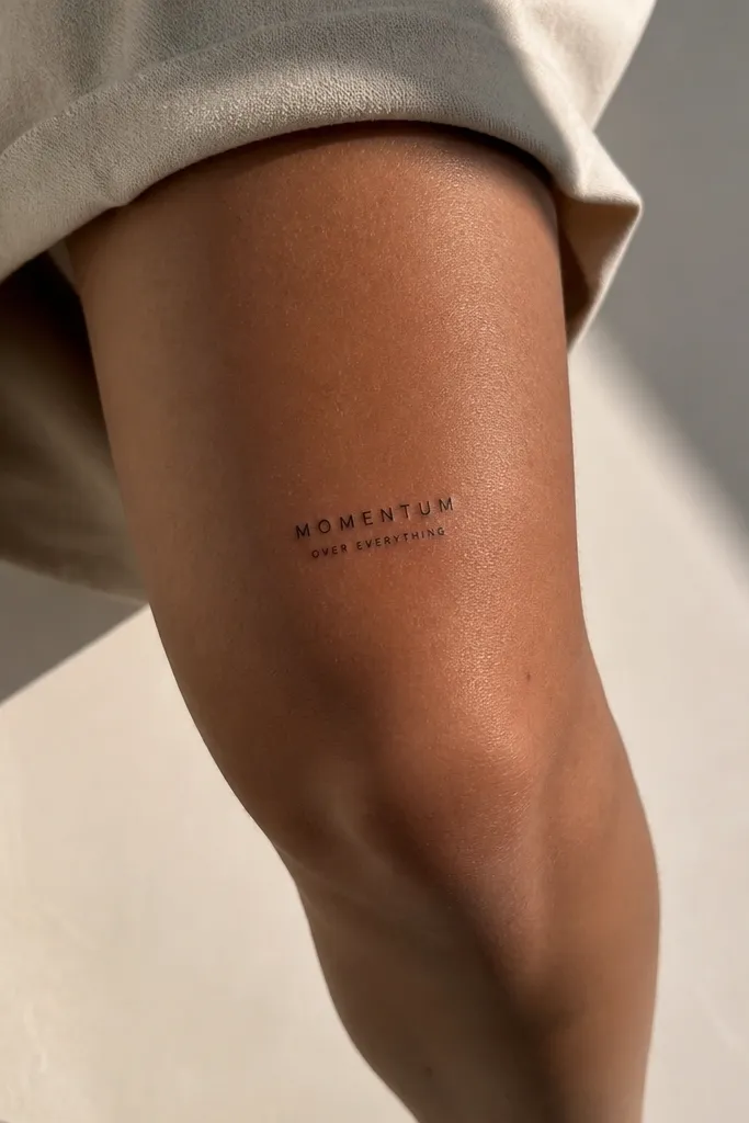 A small two-line word tattoo above the knee. The top line is uppercase sans-serif, the bottom line is smaller uppercase letters centered beneath it, with a slight stagger so the baseline feels dynamic.