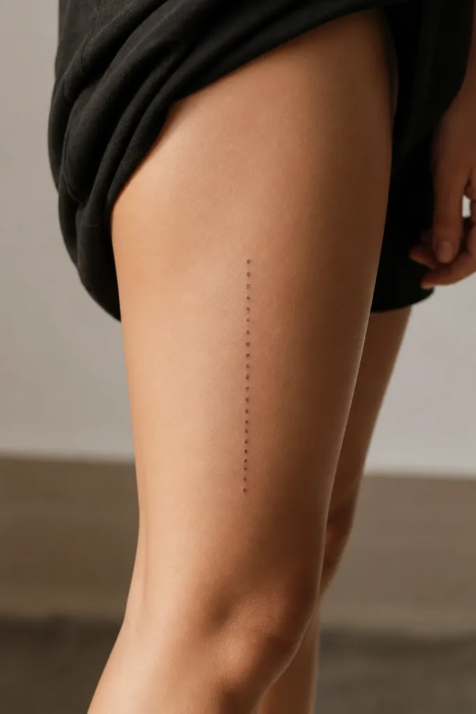 A narrow vertical word tattoo running up the outer thigh just above the knee. Each letter is small, evenly spaced, and aligned along a straight vertical line in black ink.