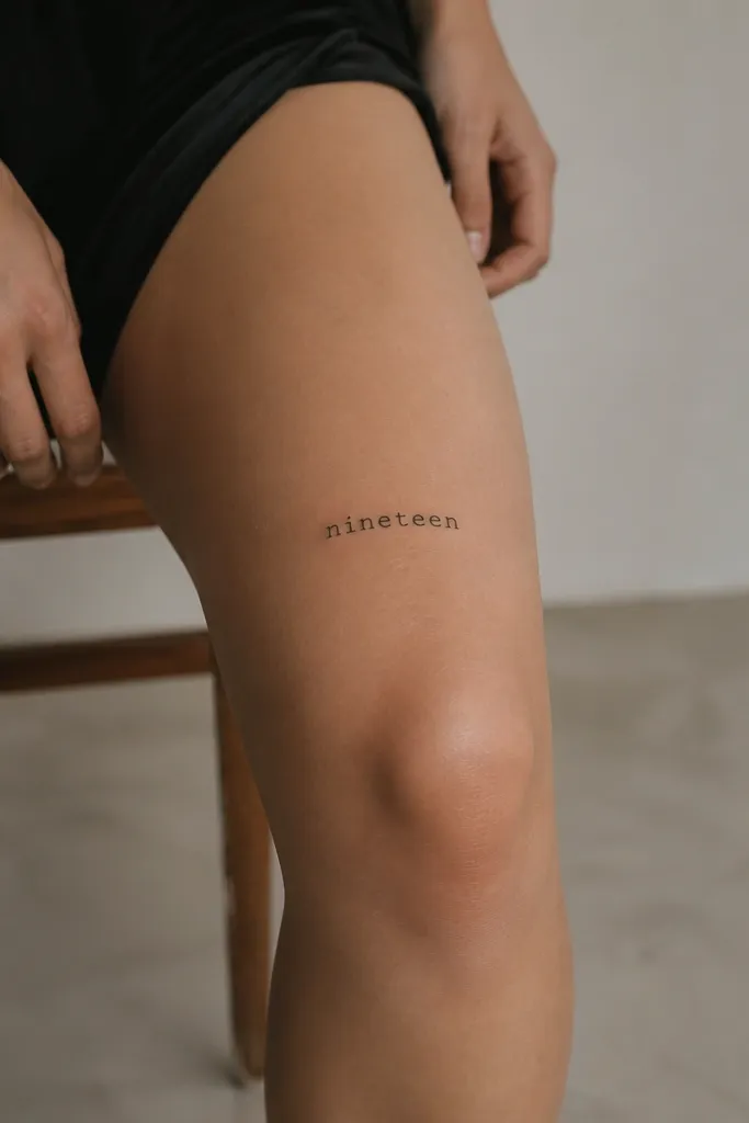 A small minimalist tattoo of roman numerals written like a word, placed horizontally above the knee. Black ink, crisp linework, no ornamentation.