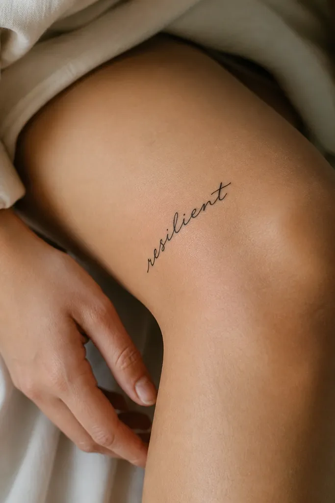 A single handwritten word in black ink, with slightly thicker ends on each letter stroke. It sits diagonally above the knee, following the leg's angle.