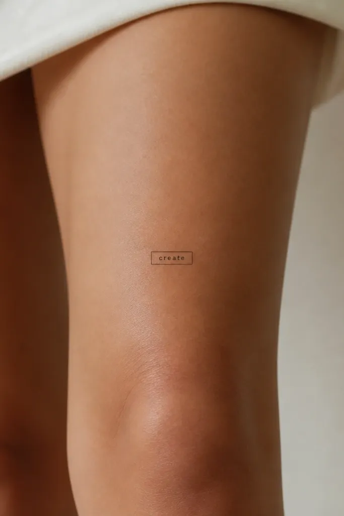 A tiny minimalist word centered above the knee inside a very thin rectangular outline in black ink. The word is smaller than the box and aligned perfectly.