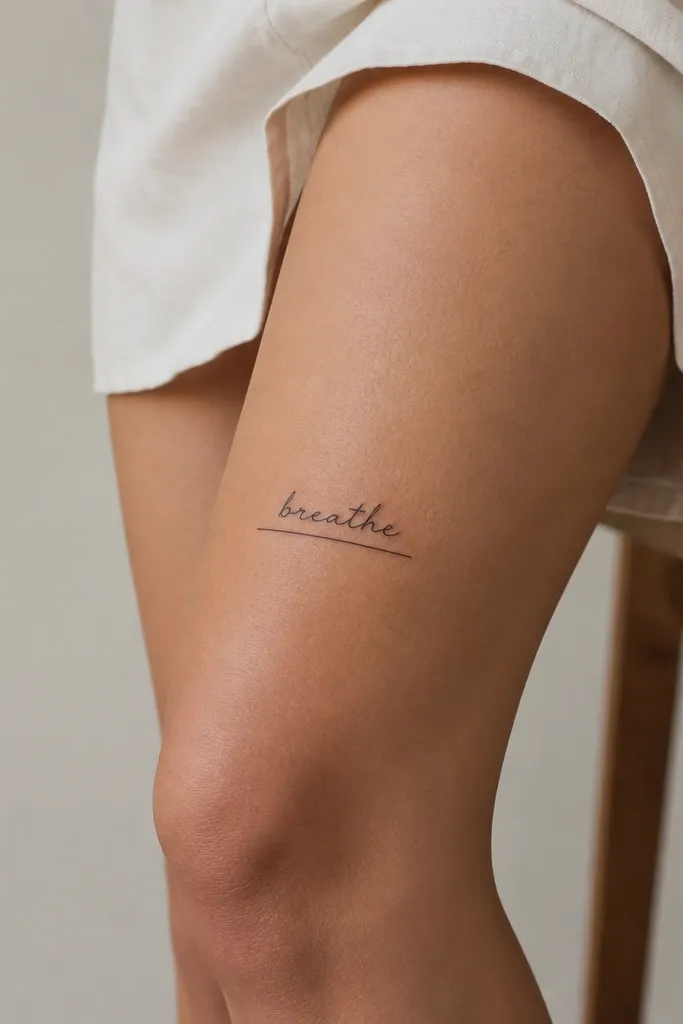 A small script word in black ink above the knee with one clean underline that extends slightly past the first and last letters. Minimal, no curls, no shading.