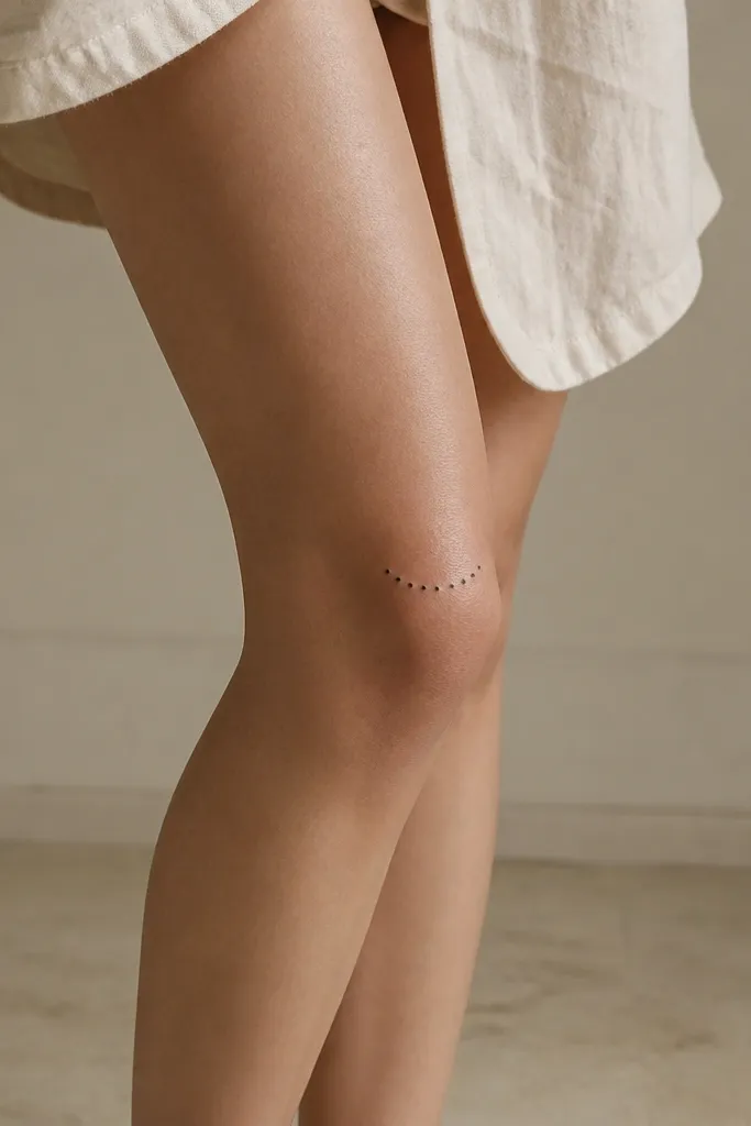 A small serif word tattoo above the knee, aligned to a gentle curve that follows the kneecap area. Black ink, no shading, clean letter spacing.