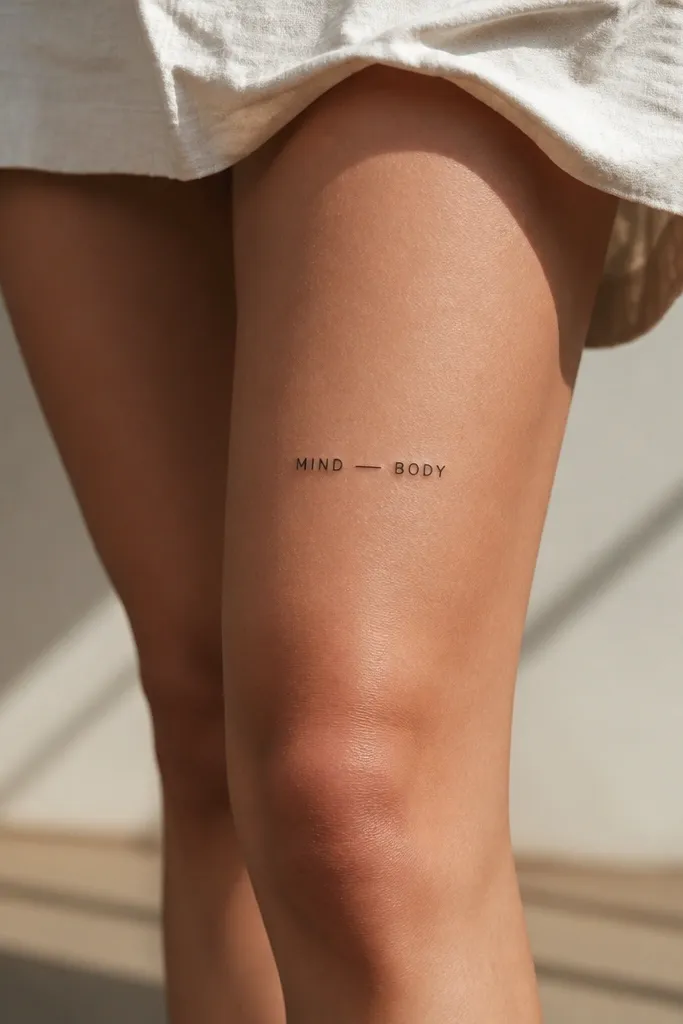 A two-word phrase above the knee in small uppercase letters. Between the words is a tiny straight line or small dash symbol, not a heart, in black ink.