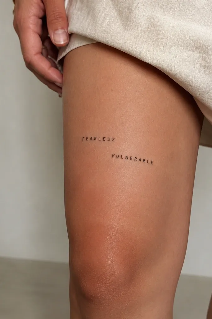 A two-part word tattoo above the knee where the first part sits slightly higher than the second, both in small uppercase letters. Black ink, minimalist, no extra graphics.
