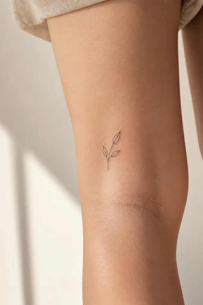 A minimalist sprig of three small leaves drawn in thin black lines on the back of the knee, arcing slightly upward. The stems are fine and the leaves have simple pointed tips.