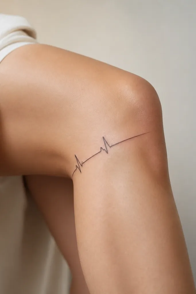 A thin black heartbeat line with two small peaks and a final taper, placed diagonally behind the knee. The line is continuous with no breaks.