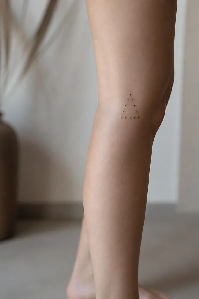 A small triangular cluster of evenly spaced black dots behind the knee, with a clean empty center and a few dots on the edges. No lines, only dots.