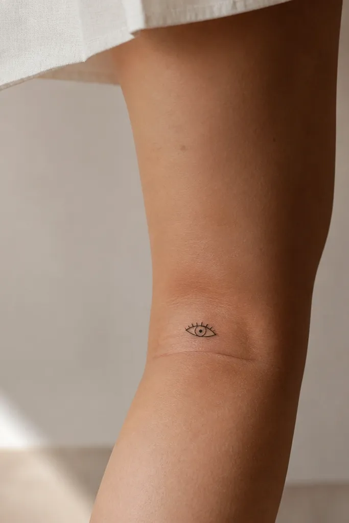 A small minimalist eye drawn in black behind the knee crease: an almond outline, a tiny pupil dot in the center, and a short lash line on the top.