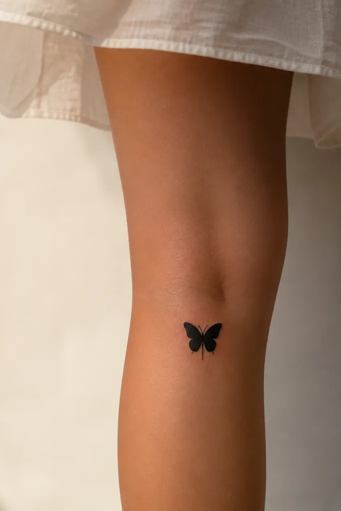 A small butterfly silhouette in solid black behind the knee, with a clean outline and no internal wing shading. The wings are symmetrical and the body is a thin vertical line.