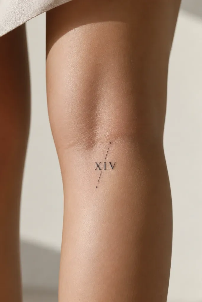 A minimalist Roman numeral set in black behind the knee, with a short diagonal slash and two small dot accents near the top and bottom. No decorative borders.