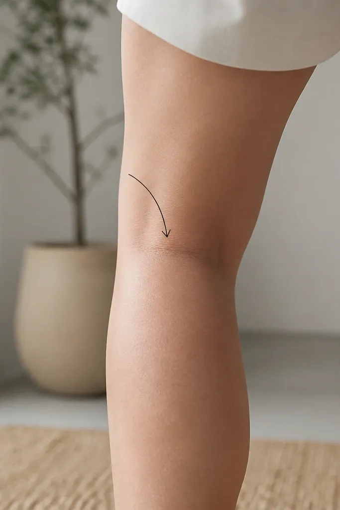 A thin black curved arrow behind the knee, starting near the outer side and pointing downward toward the center crease. The arrowhead is simple and not filled.