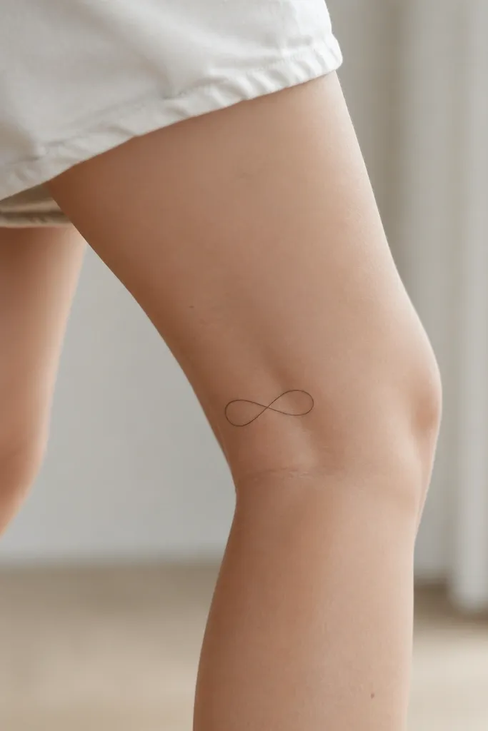 A small infinity symbol made from two thin black lines behind the knee, with a small gap in the middle where it crosses. No shading, no outline fill.