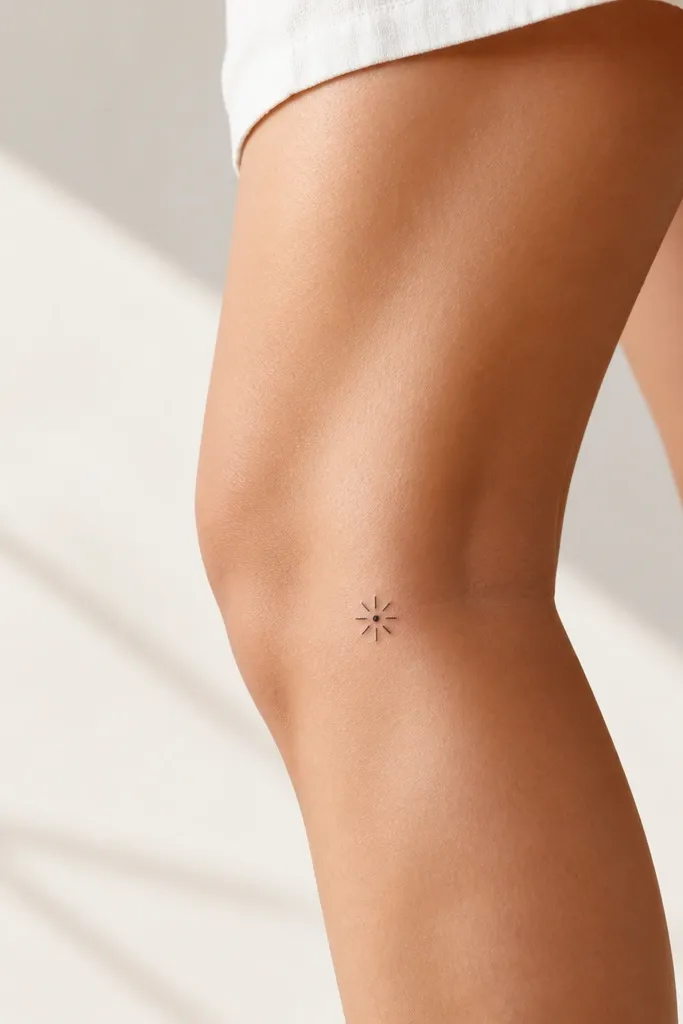 A tiny black starburst behind the knee with exactly six short rays around a small center dot. The rays are even length and the center is solid.