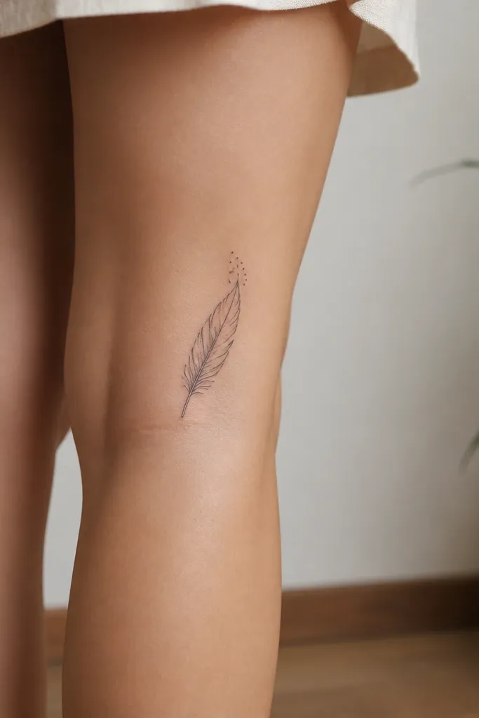 A minimalist feather behind the knee with thin black outline and a few inner feather barbs. The tip has a tiny cluster of dots instead of full shading.