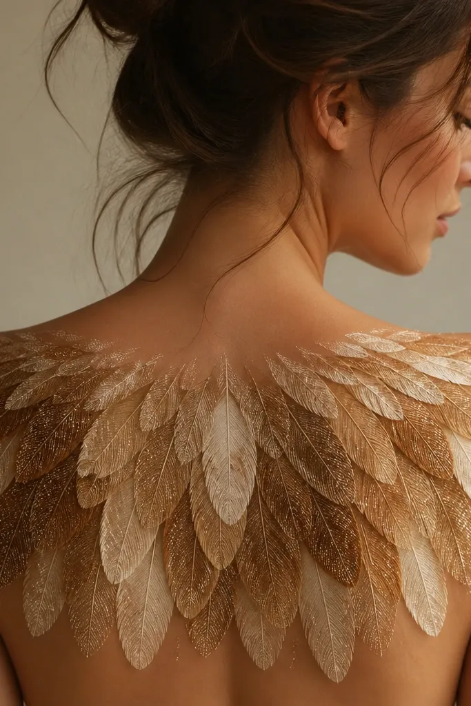 A fan of overlapping feathers spans the upper back. Each feather is tinted in latte brown, caramel, and light cream, with stippled texture and tiny bright specks near the feather edges.