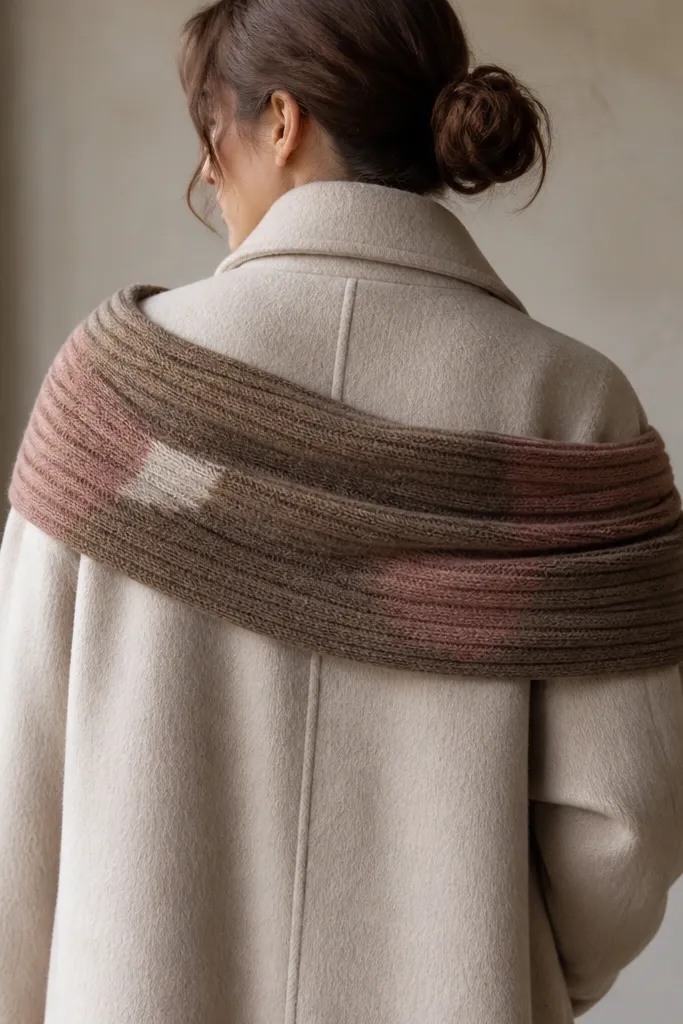 A knit scarf design wraps across the upper back like a band. It shows ribbing lines in warm taupe and cocoa, with small "patch" sections in cream and dusty rose, plus soft shadow under the knit texture.