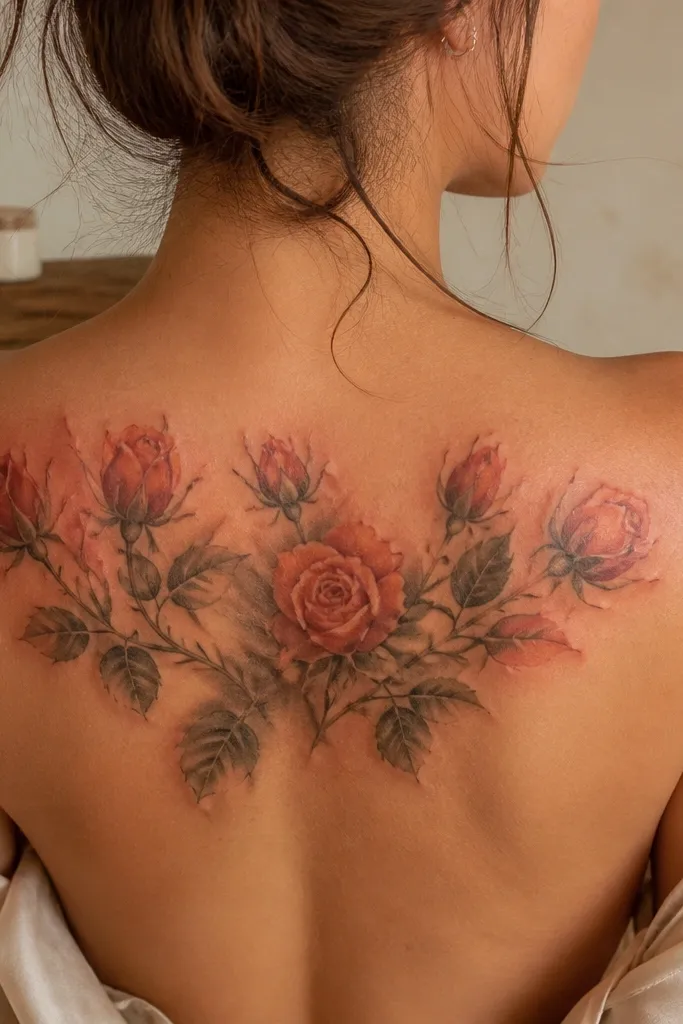 A cluster of rosebuds and small blossoms sits on the upper back. The petals fade from pale peach at the edges into coral in the center, with warm brown stems and a few tiny glowing dot accents.