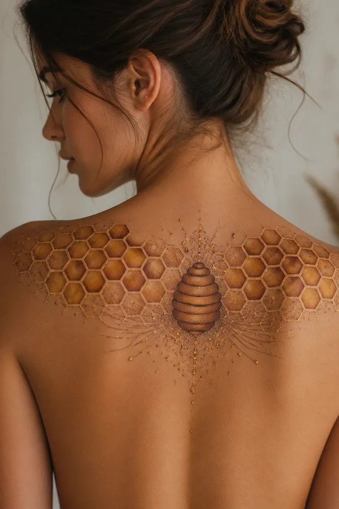 A honeycomb pattern sits across the upper back with warm amber cells and darker outlines. In the center, a beehive-like shape appears with soft shadowing, surrounded by tiny golden dots and small wing-like line accents.