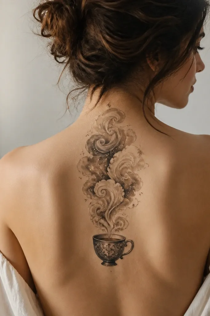 A vintage teacup silhouette appears near the top of the upper back with swirling steam clouds rising. The clouds are shaded in light cream and warm gray, with a few darker brown swirls and tiny speckled highlights.