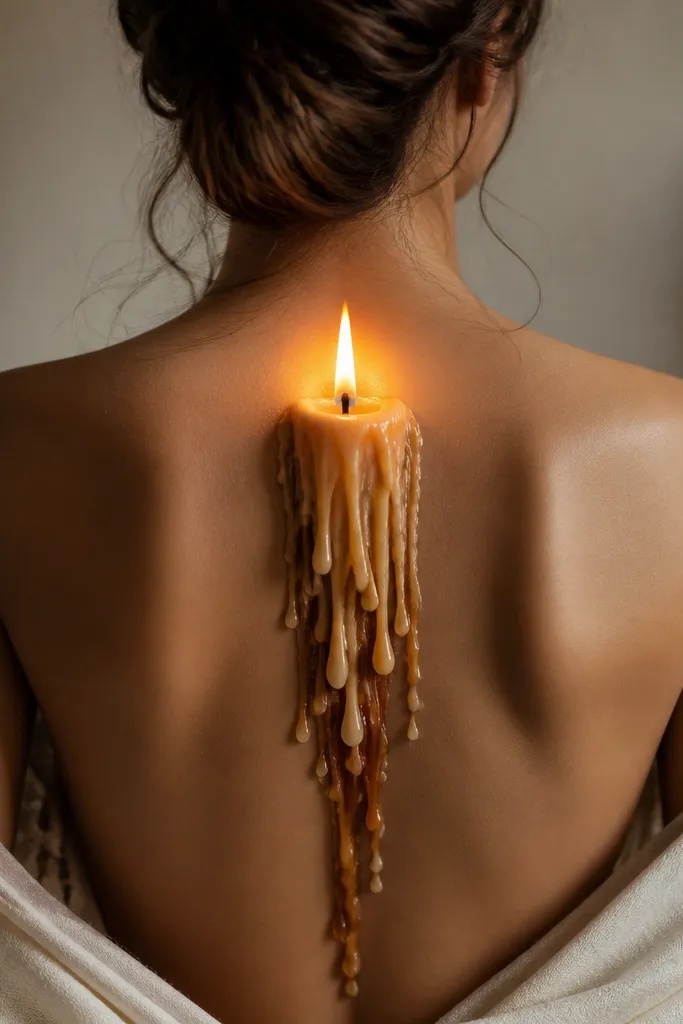 A single candle flame sits at the center of the upper back, with warm cream and honey shading. Wax drips hang down in layered curves, with darker brown at the base and lighter highlights on the edges.