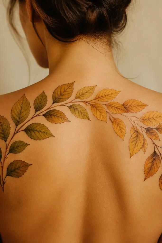 An arch of autumn leaves spans the upper back. Leaves fade from olive to golden yellow with cocoa-brown veins, and the underside shading is warmer, like burnt umber.
