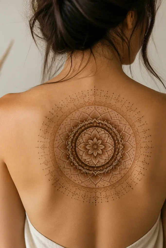 A circular halo mandala sits over the upper back, with a warm sepia gradient from light cream outer rings to darker coffee inner rings. The center has small petal-like segments, and there are dot clusters around the ring.