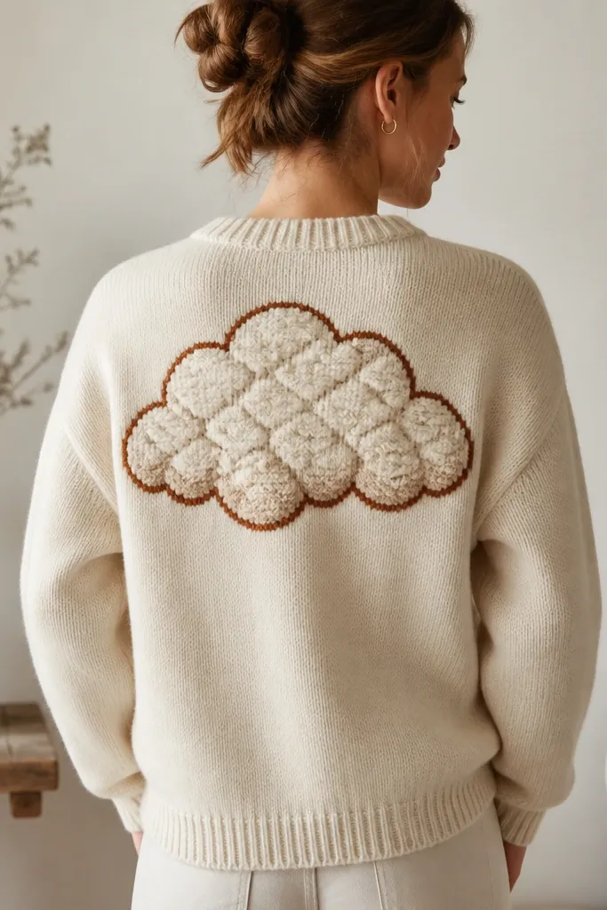 A cloud shape dominates the upper back, outlined in warm brown. Inside, the cloud has puffy stitch shading like a sweater knit, with cream highlights and soft taupe shadows.