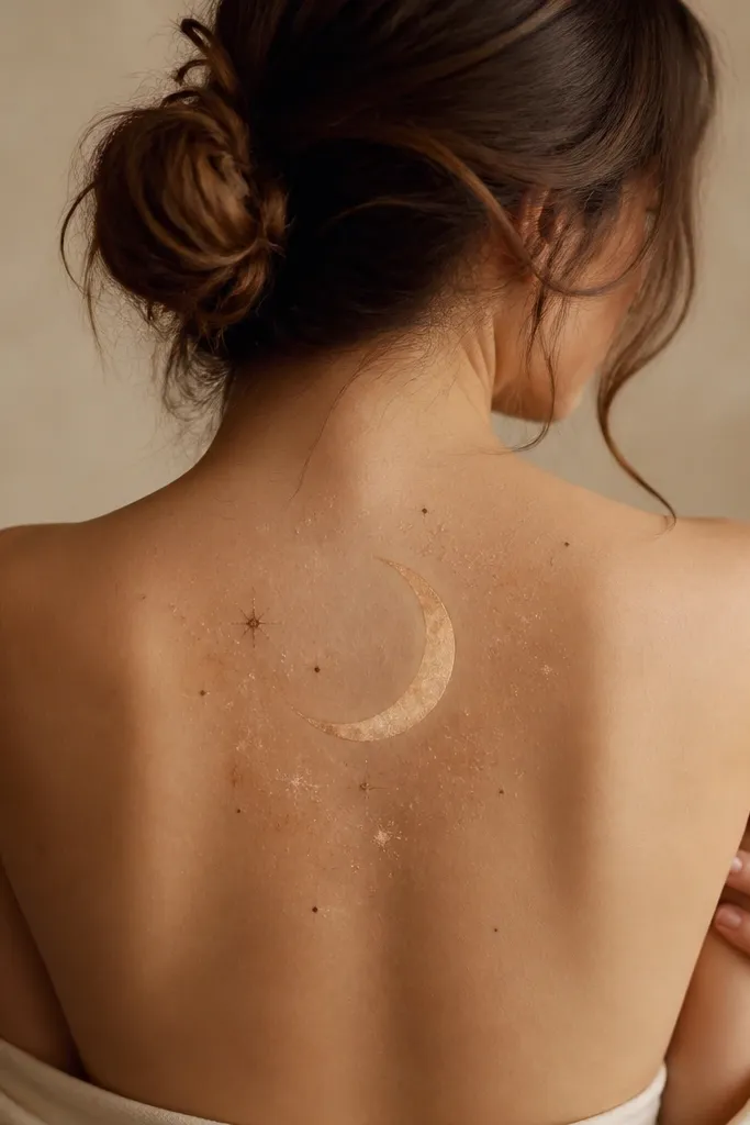 A crescent moon sits on the upper back, shaded in warm cream and light gold. Around it, starry dust is made of tiny speckles and soft smudges, with a few darker brown star dots.