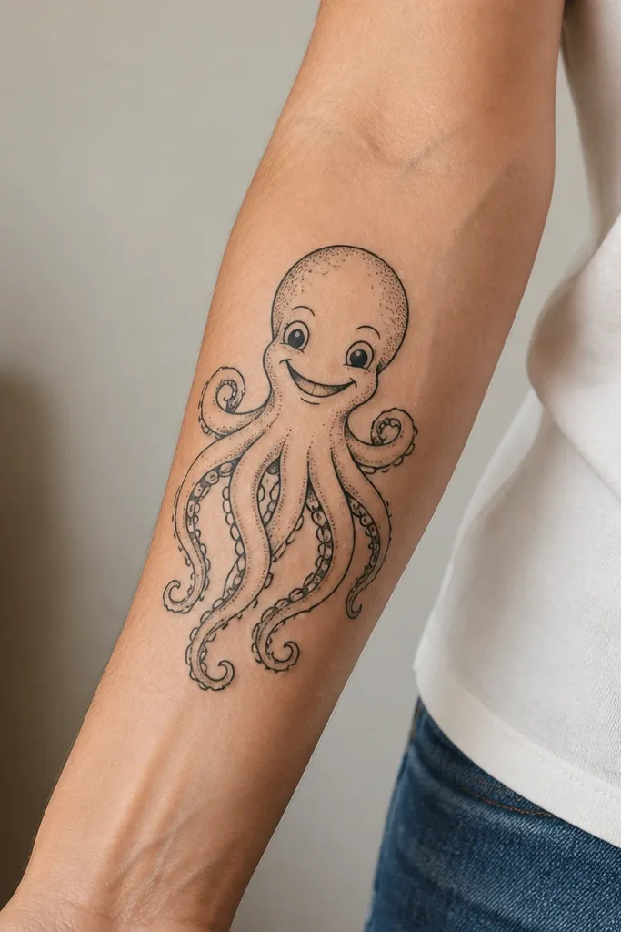 A cartoonish octopus on the outer forearm with a slightly exaggerated smile; tentacles are drawn as clean lines ending in round sucker dots, with light dot shading around the head.