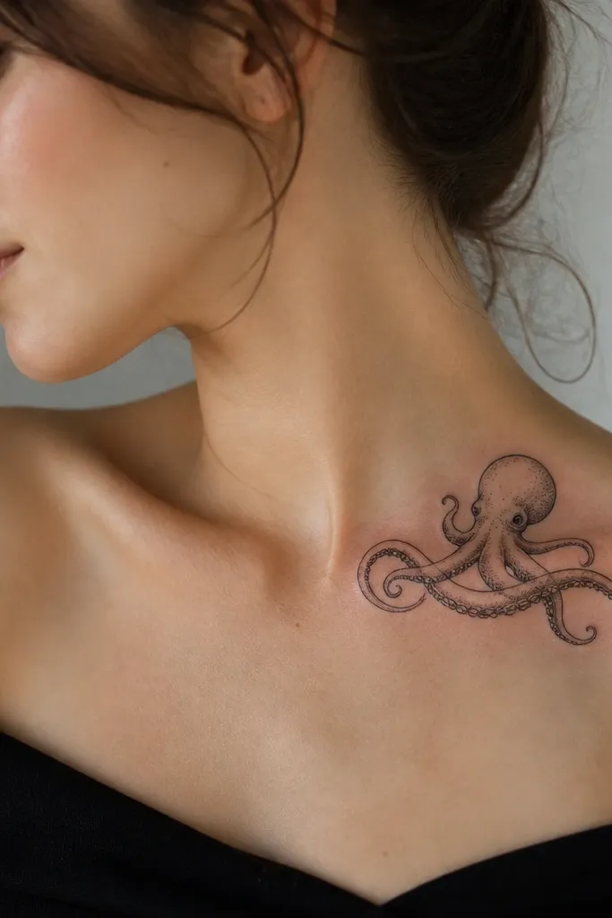 A medium-small octopus on the top of the collarbone area with one main tentacle wrapping slightly across the collarbone line; the head is outlined in thin black with subtle dotwork shading.