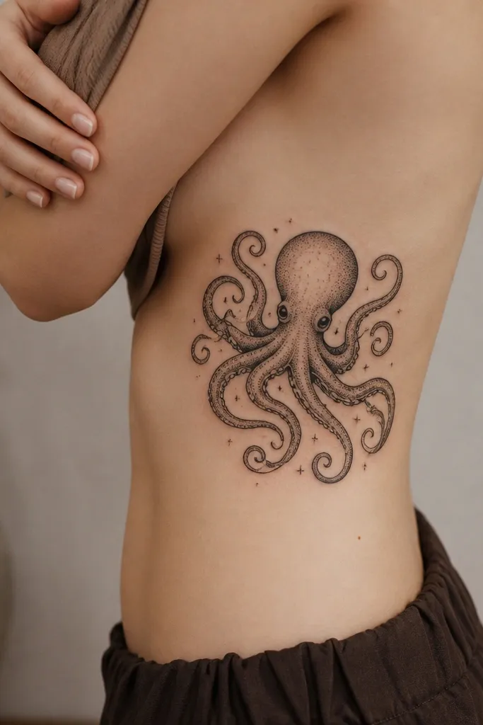 An octopus on the side ribs with a round head and tentacles curling outward in a neat frame; there's light dot shading and a couple of tiny star-like dots near the tentacles.