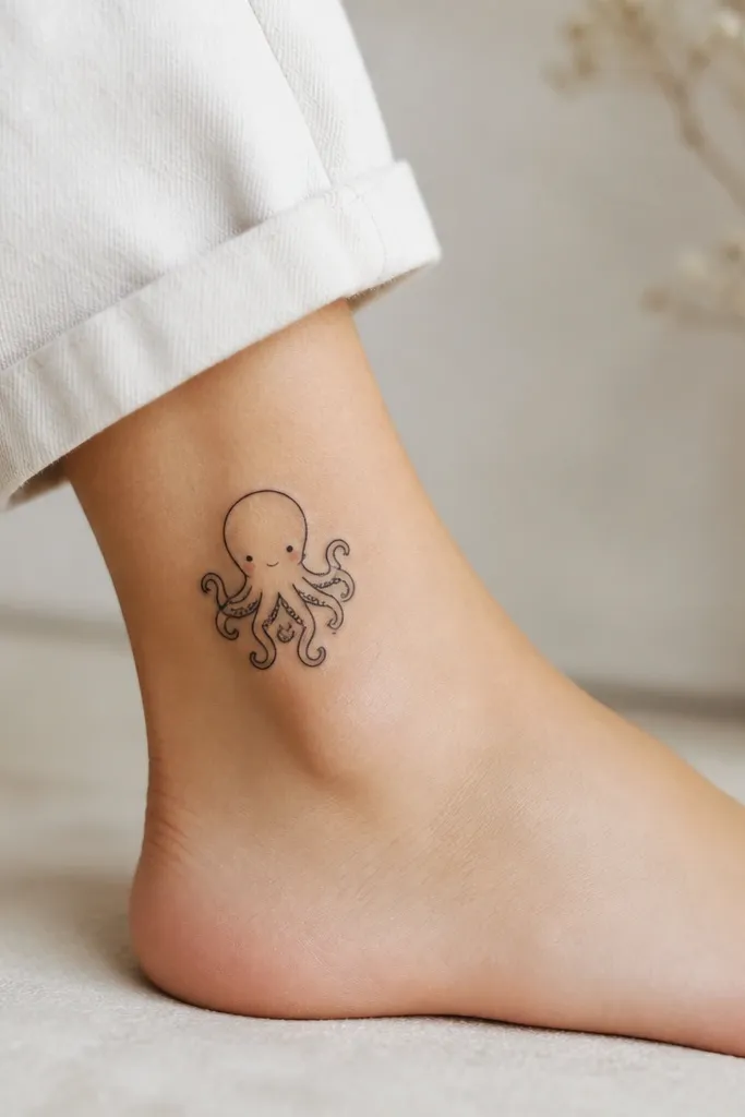 A small octopus on the outer ankle with a rounded head, black outline, and polka dot suckers; there are two tiny blush-pink dots on the head shading.