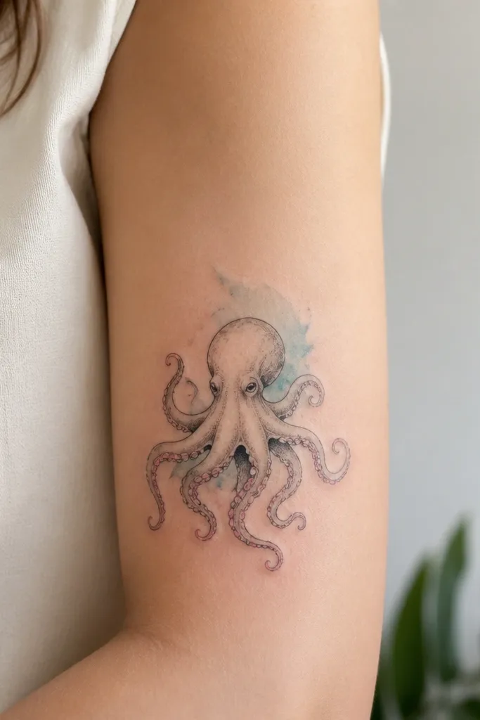 A medium-small octopus on the inner upper arm with thin black outlines, a pale blue watercolor wash behind the head, and faint pink accents near the tentacle tips.