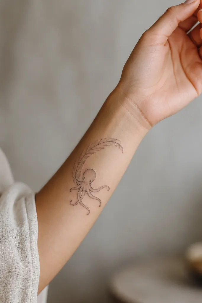 A small octopus on the forearm near the thumb side, with thin outlines and two tentacles stretching; a single curled seaweed line wraps behind it like a frame.