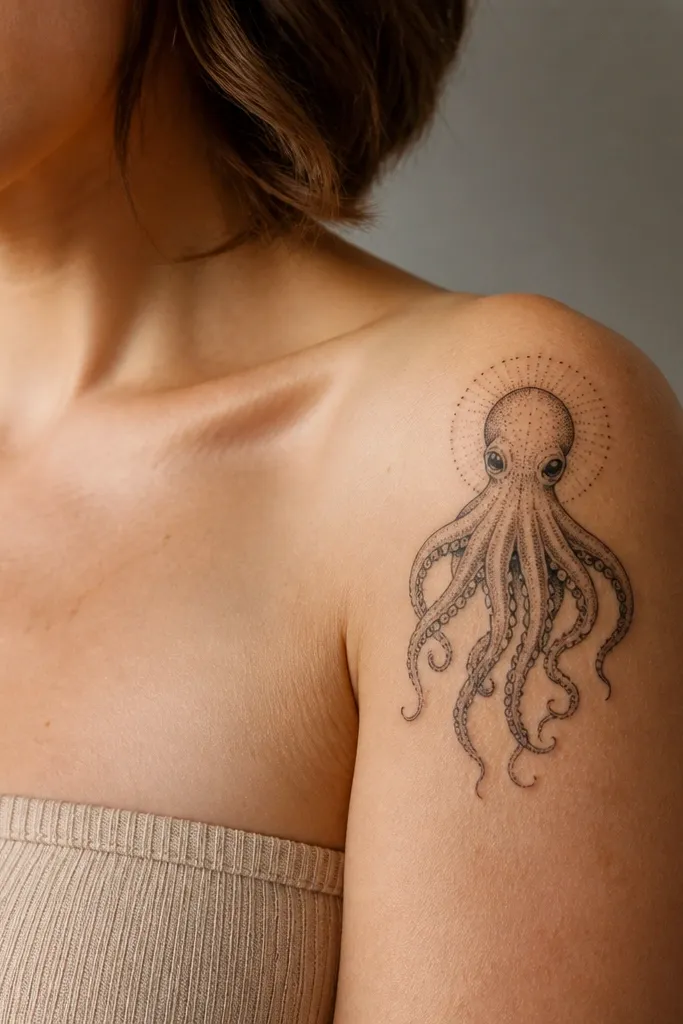 A small octopus on the outer shoulder with a dotwork halo around the head; tentacles curl downward and end with tiny sucker dots.