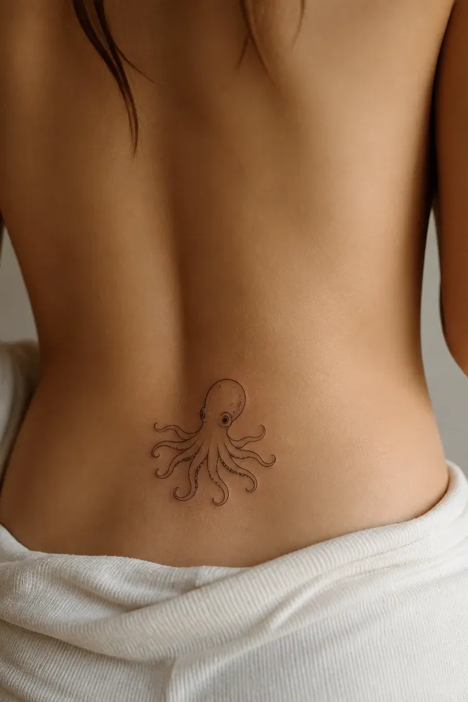 A small octopus on the upper lower back with a thin-line outline, minimal tentacle lines, and a few dot highlights near the head; no heavy shading.