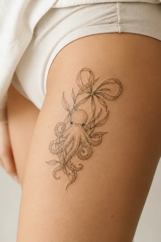 A cute octopus on the outer upper thigh with a small head, thin black outline, and a seaweed element behind it that loops like a bow; tentacles curl around the seaweed.