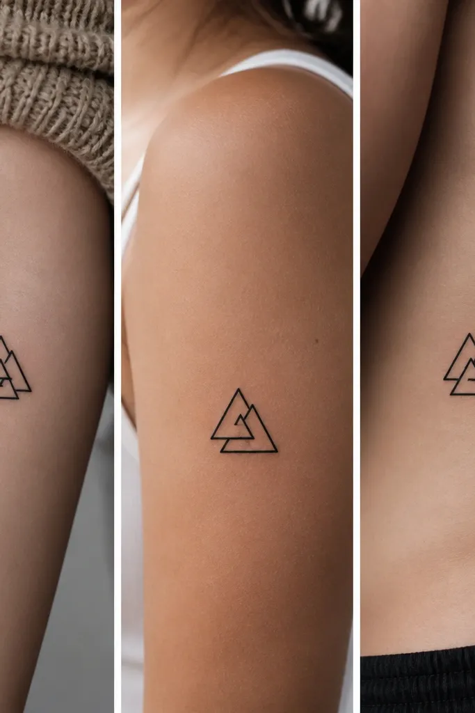 A small black minimalist geometric tattoo showing three interlocking triangles forming a compact knot shape. Each person's triangle arrangement has one different side missing or rotated.