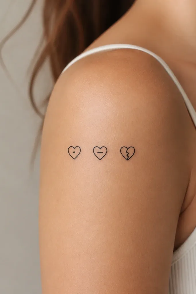 Three small black heart tattoos outlined only. Each heart has the same outer outline style, but the inside differs: one has a tiny dot, one has a short line, and one has a small heart break.
