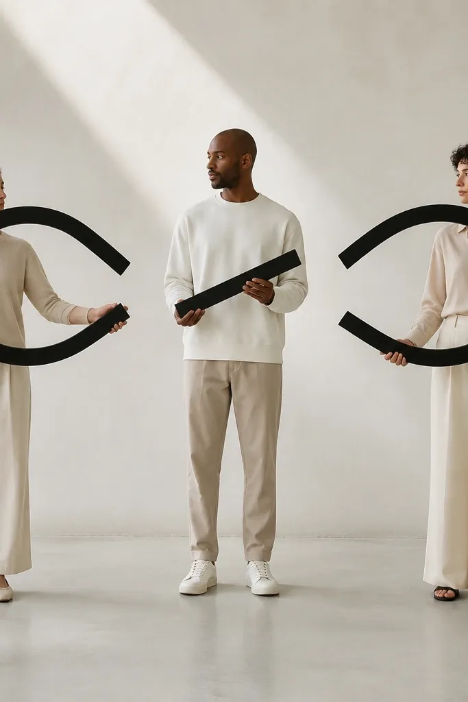 Three minimal black infinity symbol fragments. Each person has one loop segment and a short connecting line, so together the three parts suggest a full infinity shape.