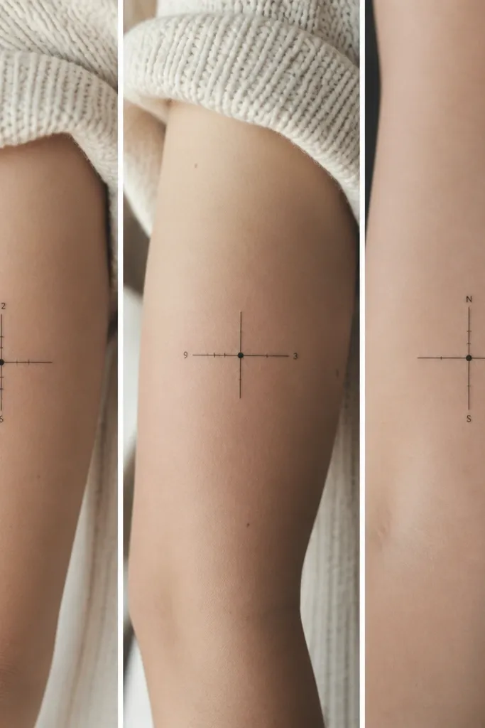 Three minimalist black coordinate-style tattoos with a small dot marker. Each has the same marker dot and different tiny numbers or short ticks near it, arranged like a compass readout.