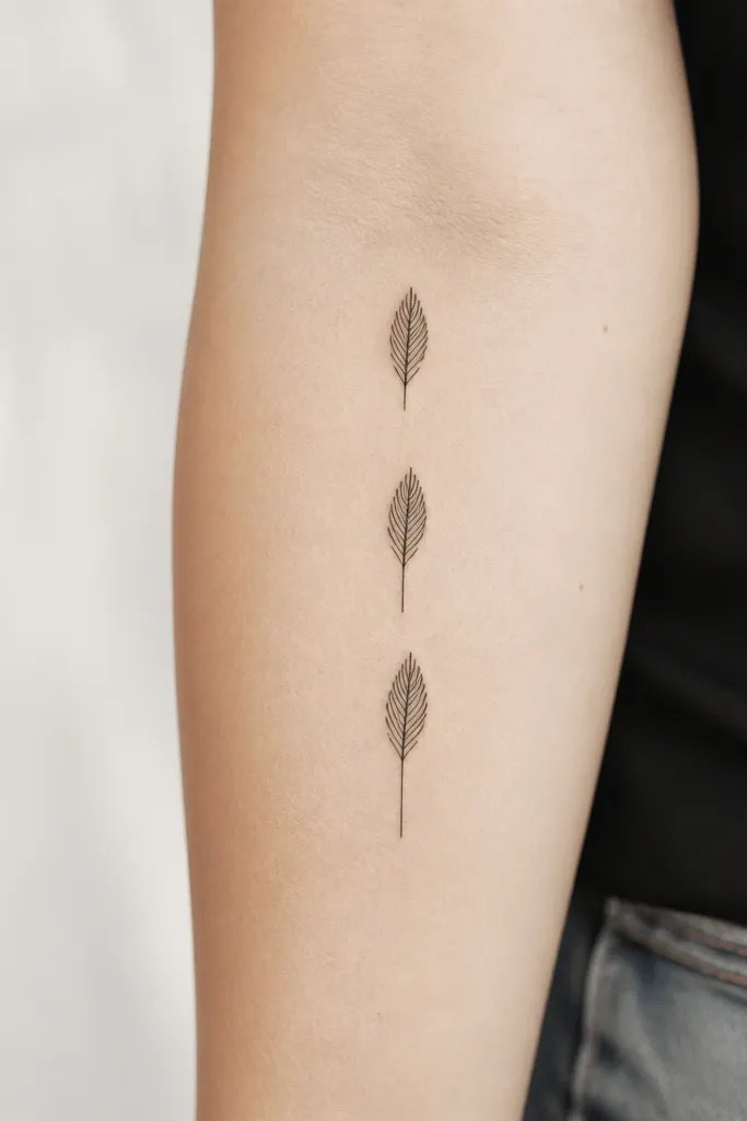 Three small minimalist feather tattoos drawn in black linework. Each shows only the feather tip and a short base line; the feather linework matches across all three but the base line differs in length.