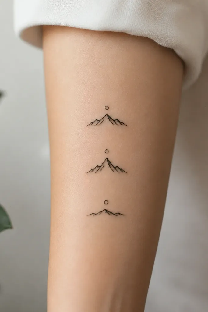Three small black tattoos each showing a simple mountain silhouette with a tiny circle sun above. The sun dot is the same across all three, while the mountain peak height changes.