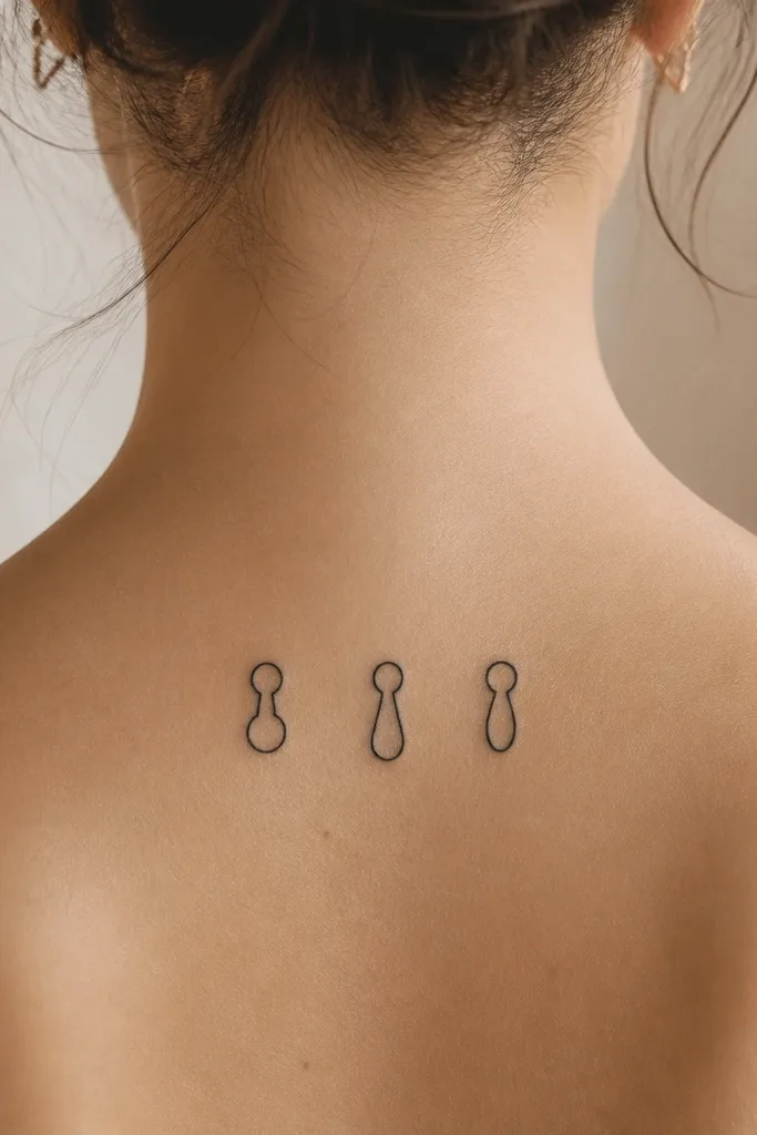 Three small black keyhole tattoos. Each has the same top loop shape and outline thickness, but the keyhole bottom is different: one is a circle, one is a teardrop, one is a small oval.