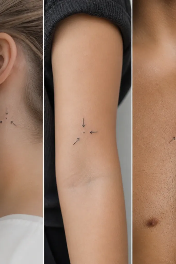 Three small black arrow tattoos, each with a single thin arrowhead and a short line shaft. Each arrow points toward a central dot that is placed in each person's design differently.