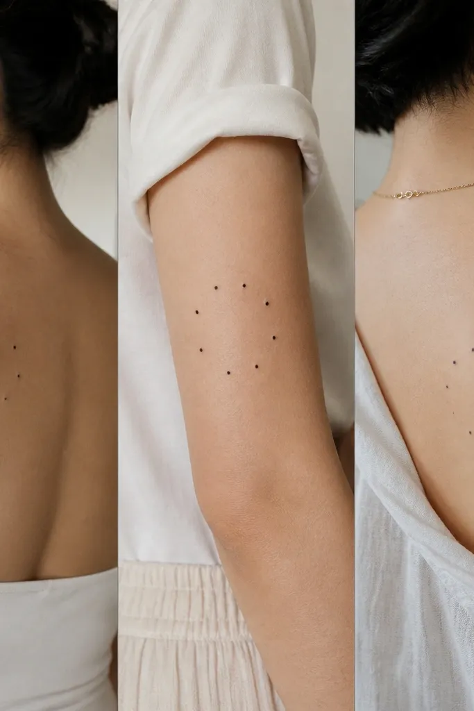 Three minimalist black dot arrangements. Each tattoo has 5-7 tiny dots, spaced in a way that suggests a larger circle. When the three placements align in a photo, the dots complete a full ring.