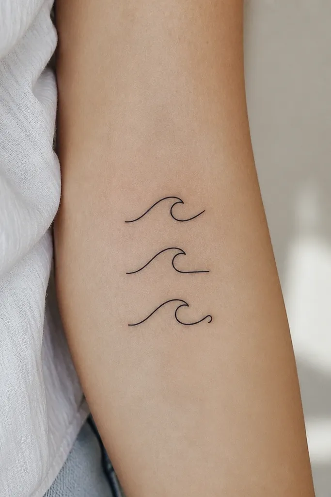 Three small black wave line tattoos. Each has a single clean wave arc with a different end cap: one ends with a point, one ends with a flat stop, one ends with a tiny hook.