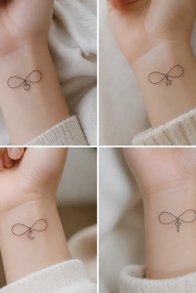 Four wrist tattoos of a thin infinity symbol; each infinity has a small charm attached at one crossing: a micro heart, a tiny star, a mini moon, and a small key.